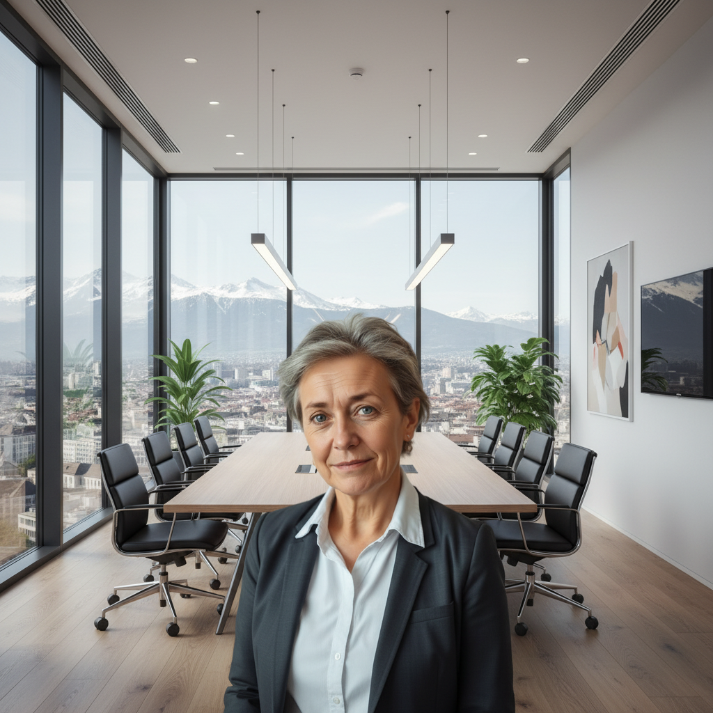 Frau mittleren Alters mit kurzem grauem Haar sitzt in einem modernen Büro vor einem Panoramafenster mit Stadt- und Bergblick.