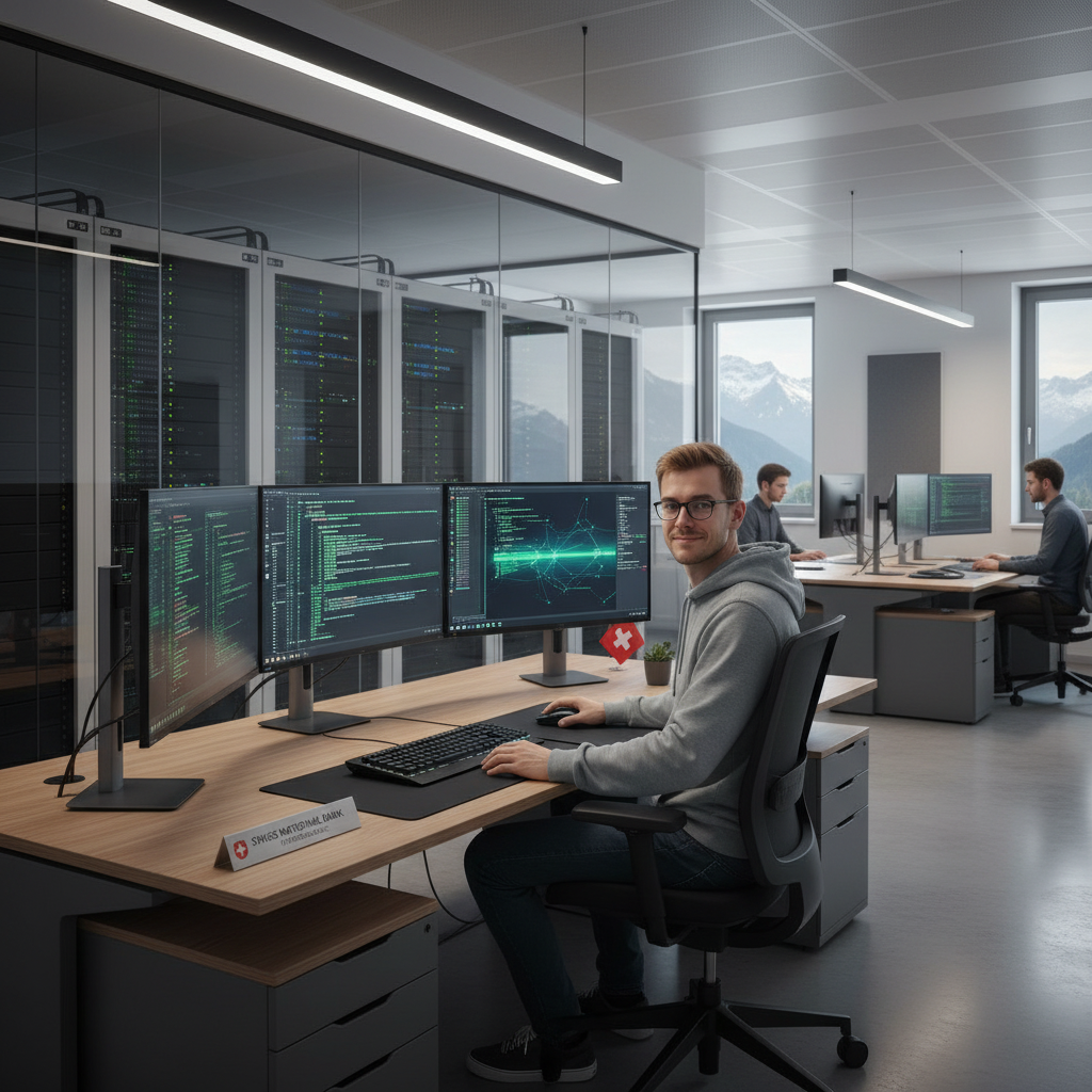 Junger Mann mit Brille und kurzen blonden Haaren am Schreibtisch vor zwei Bildschirmen mit Programmiercode, im Hintergrund Berge.
