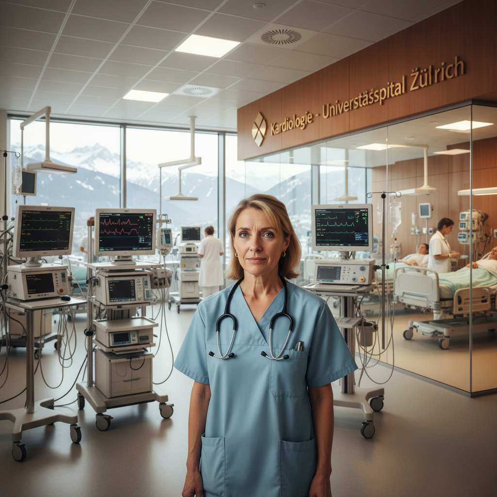 Ärztin mit schulterlangem blondem Haar in blauer Klinikkleidung und Stethoskop in einer Krankenhausstation mit Bergblick.