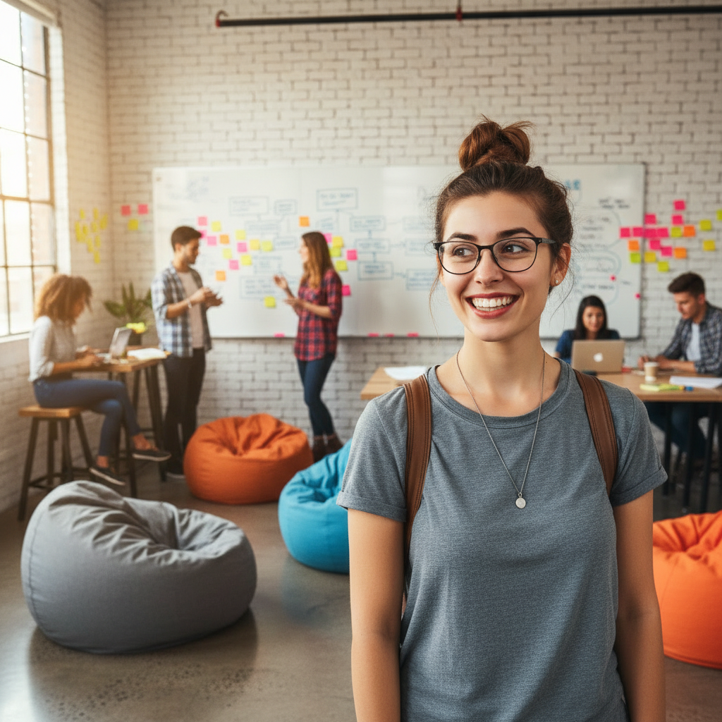 Junge Frau mit Brille lächelt vor einem Whiteboard mit bunten Post-its in einem Coworking-Raum.