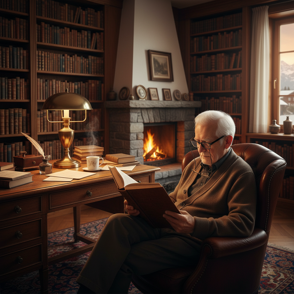 Älterer Mann sitzt mit aufgeschlagenem Buch an einem Tisch vor einem Kamin mit lodernden Flammen und Bücherregalen.