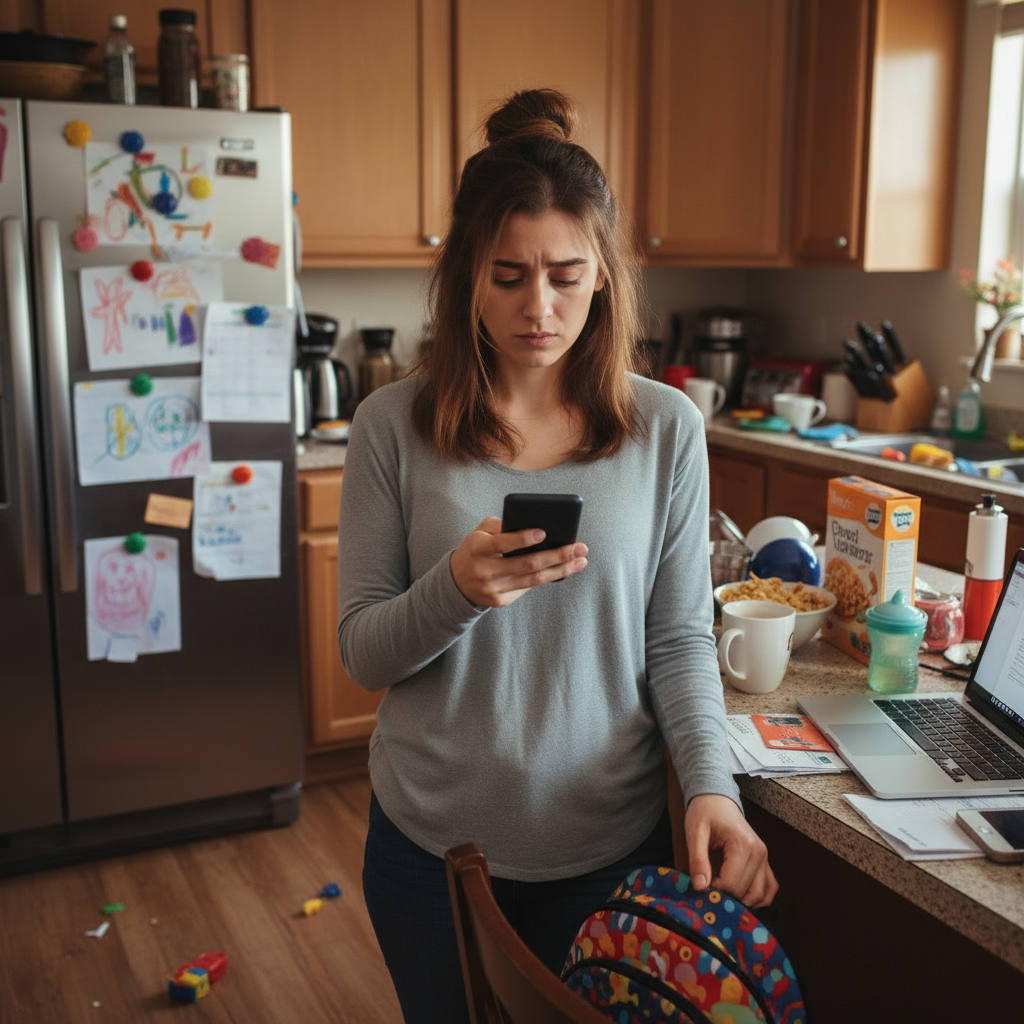 Frau in grauem Pullover hält in einer Küche ein Smartphone in der Hand.
