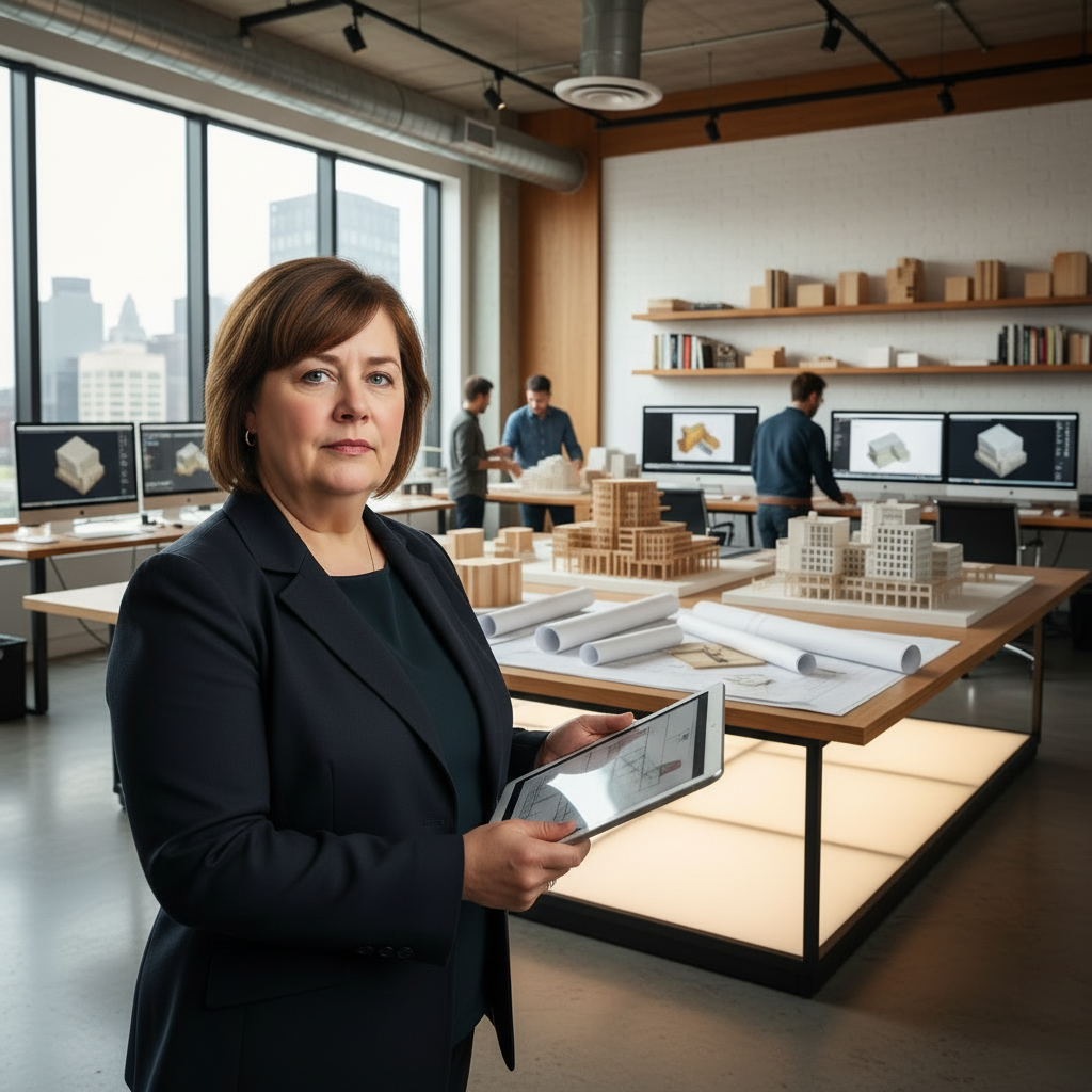 Architektin mit dunklem Haar im Blazer in ihrem Büro, umgeben von Architekturmodellen aus Karton, Bauplänen und einem CAD-Bildschirm.