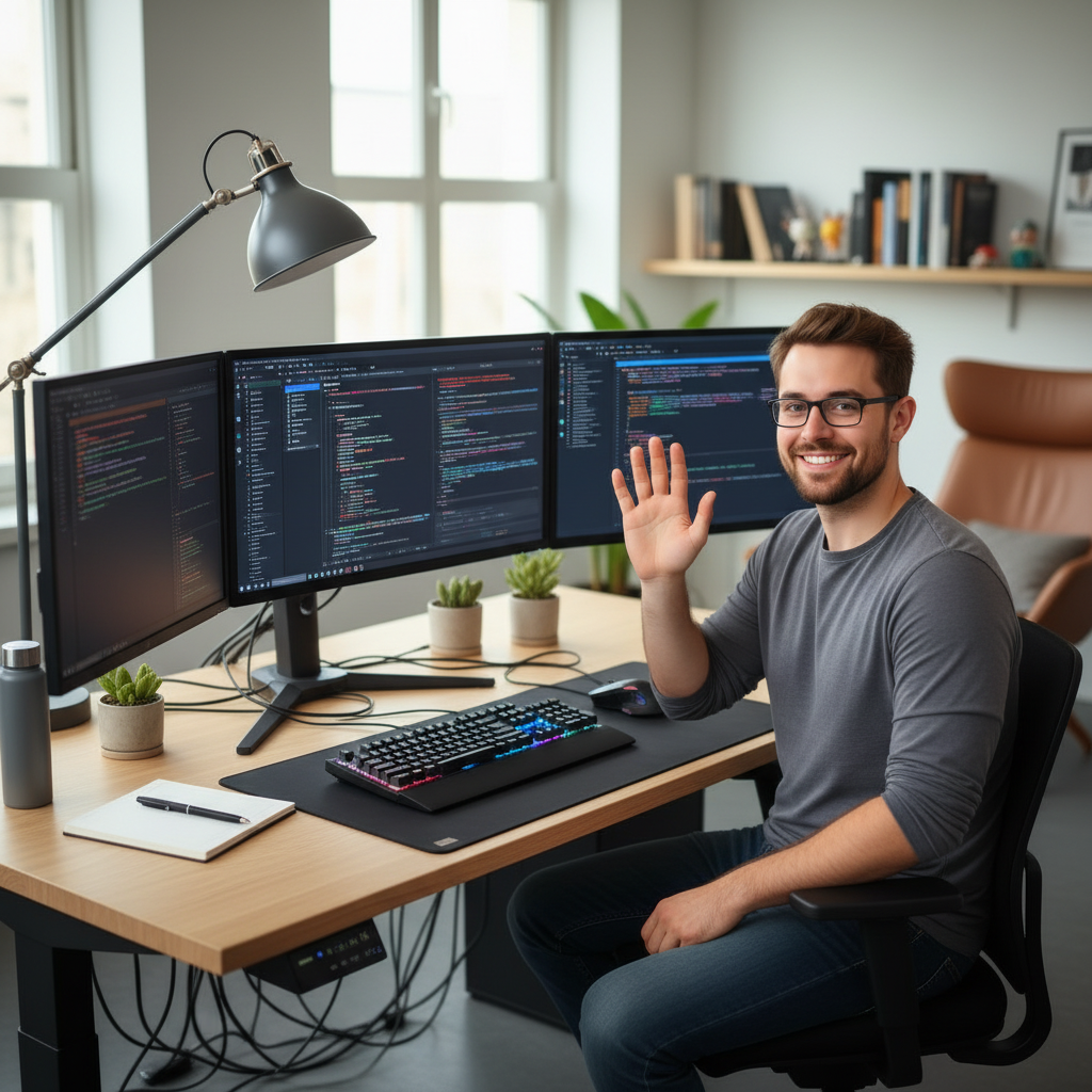 Eine erhobene Hand vor zwei Bildschirmen mit Programmiercode, Tastatur und Maus auf dem Schreibtisch.