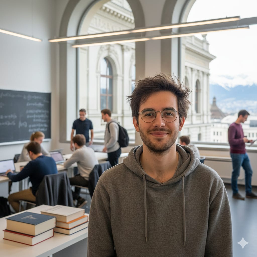 Junger Mann mit Brille, kurzem braunem Haar und Bart lächelt; im Hintergrund eine helle Universitätshalle mit Studierenden.