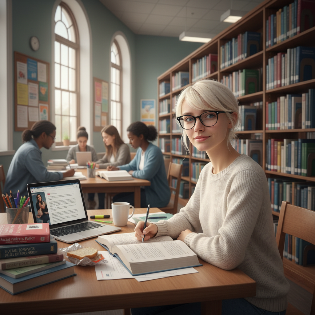 Junge Frau mit hellblondem Haar und schwarzer Brille in einer Bibliothek, im Hintergrund zwei Studierende beim Lernen.
