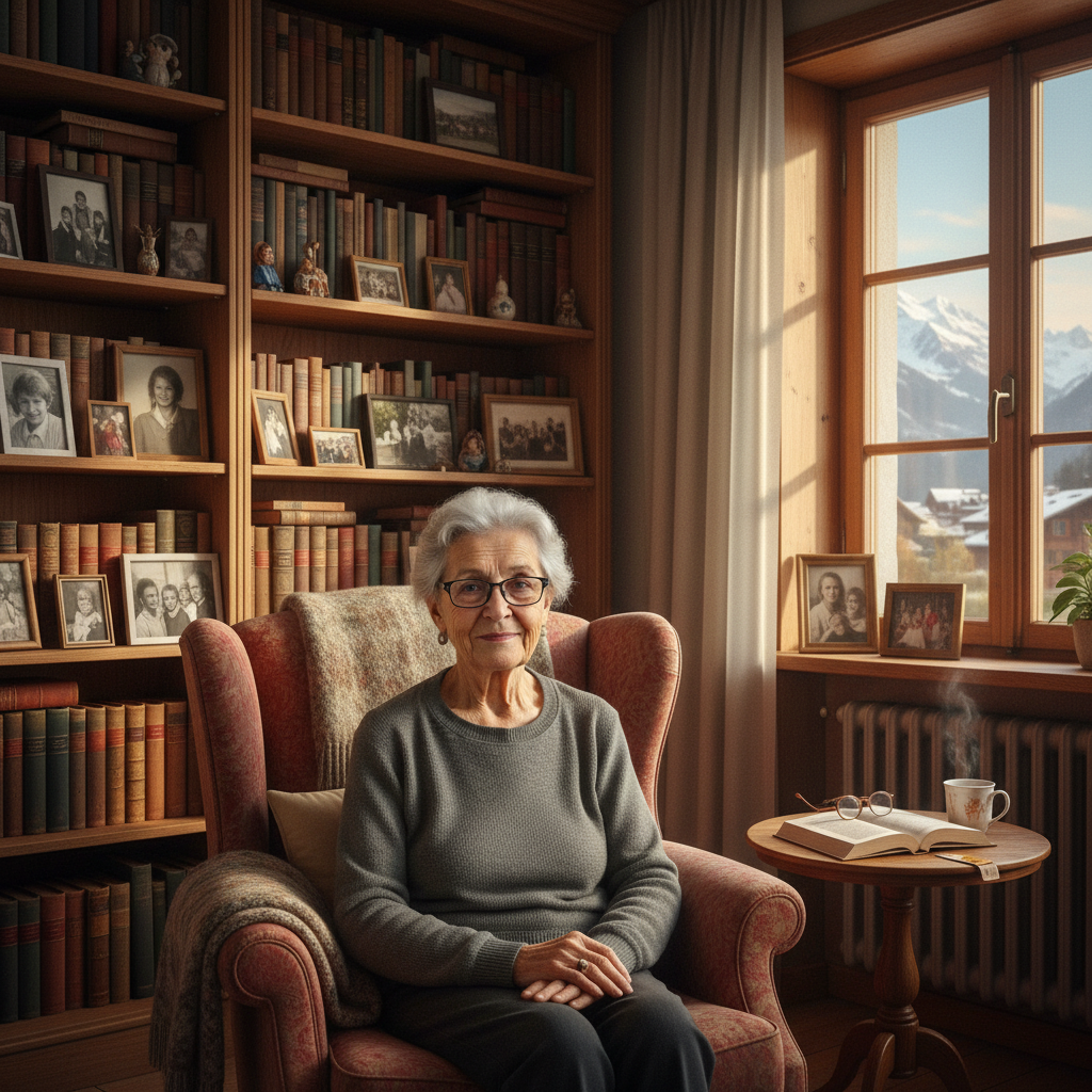 Ältere Frau mit weissem Haar und Brille sitzt lächelnd in einem Sessel vor einer Bücherwand mit gerahmten Fotos.