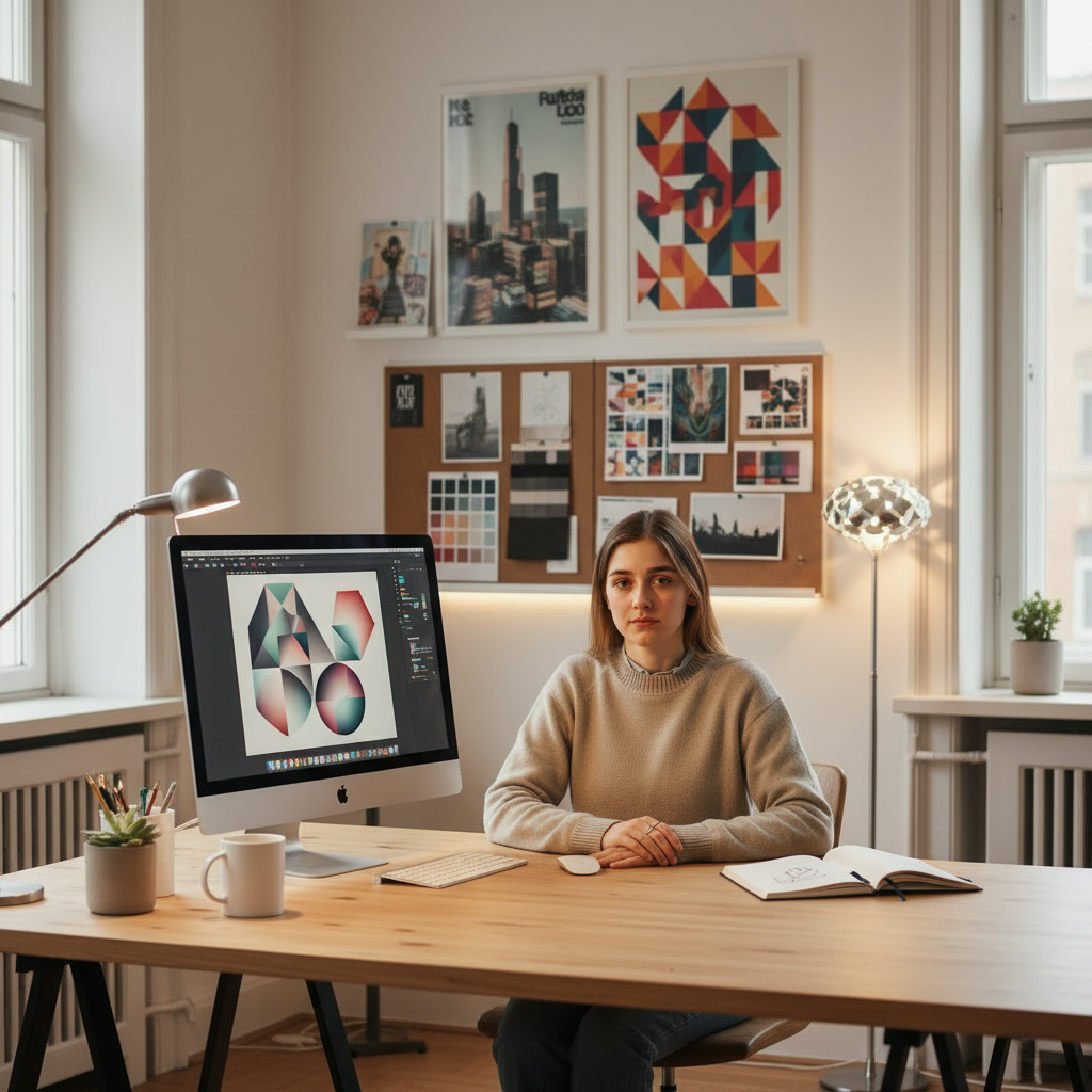 Junge Frau mit langen blonden Haaren sitzt an einem Designer-Arbeitsplatz vor einem grossen Bildschirm, im Hintergrund eine Pinnwand mit Mustern und Bildern.
