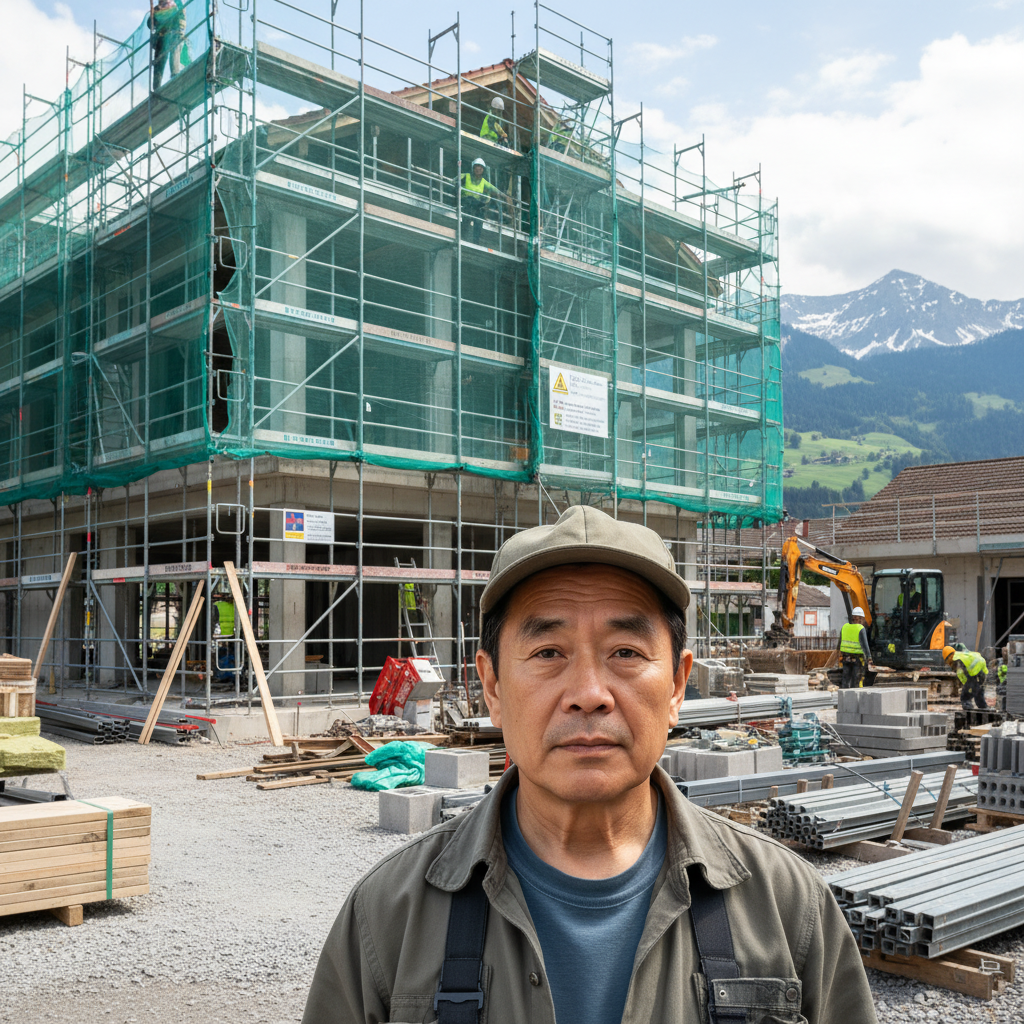 Bauarbeiter mit beiger Kappe steht vor einem Baugerüst an einer Baustelle.