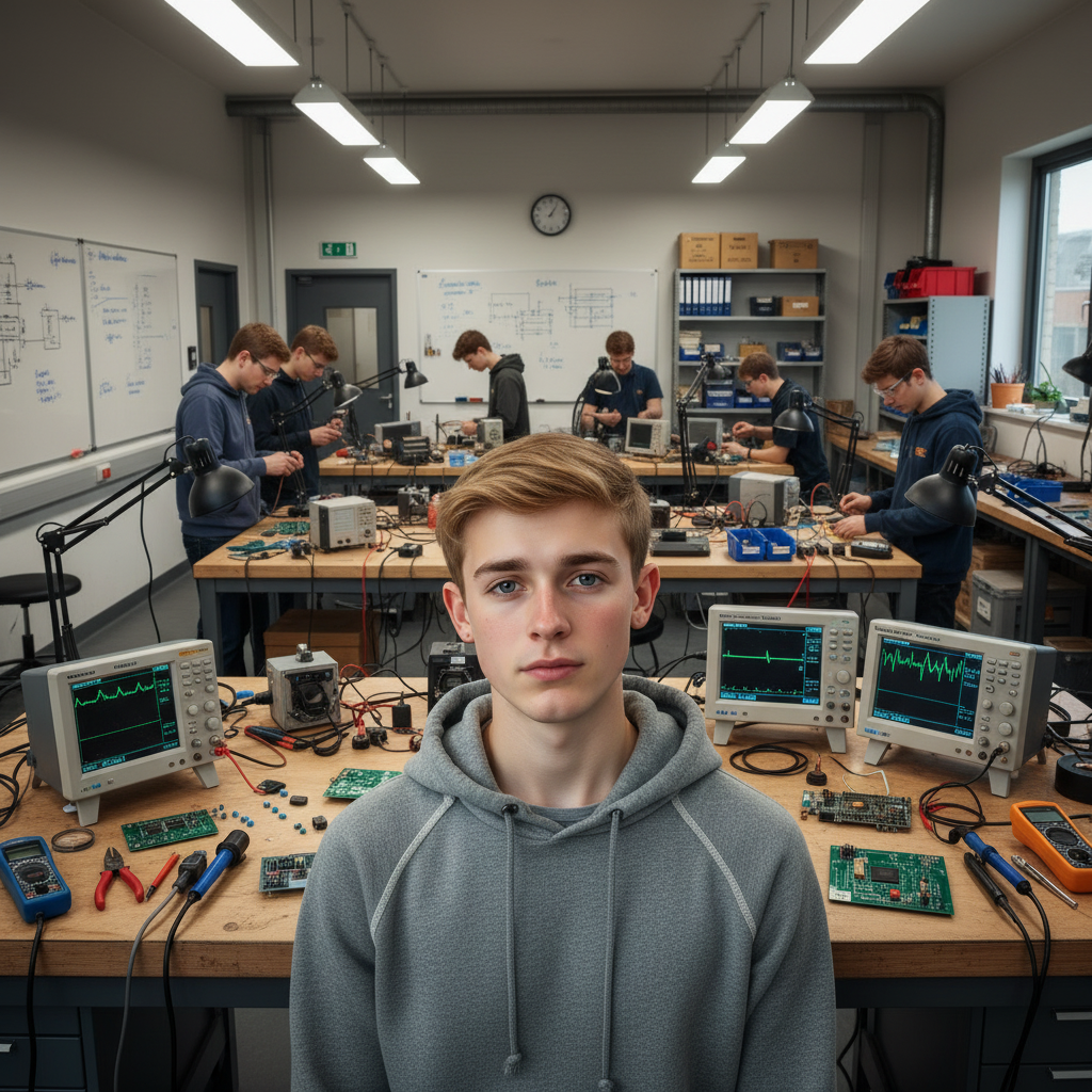 Jugendlicher mit kurzen blonden Haaren in einer Elektronik-Werkstatt mit Bauteilen, Oszilloskopen und Werkbänken im Hintergrund.