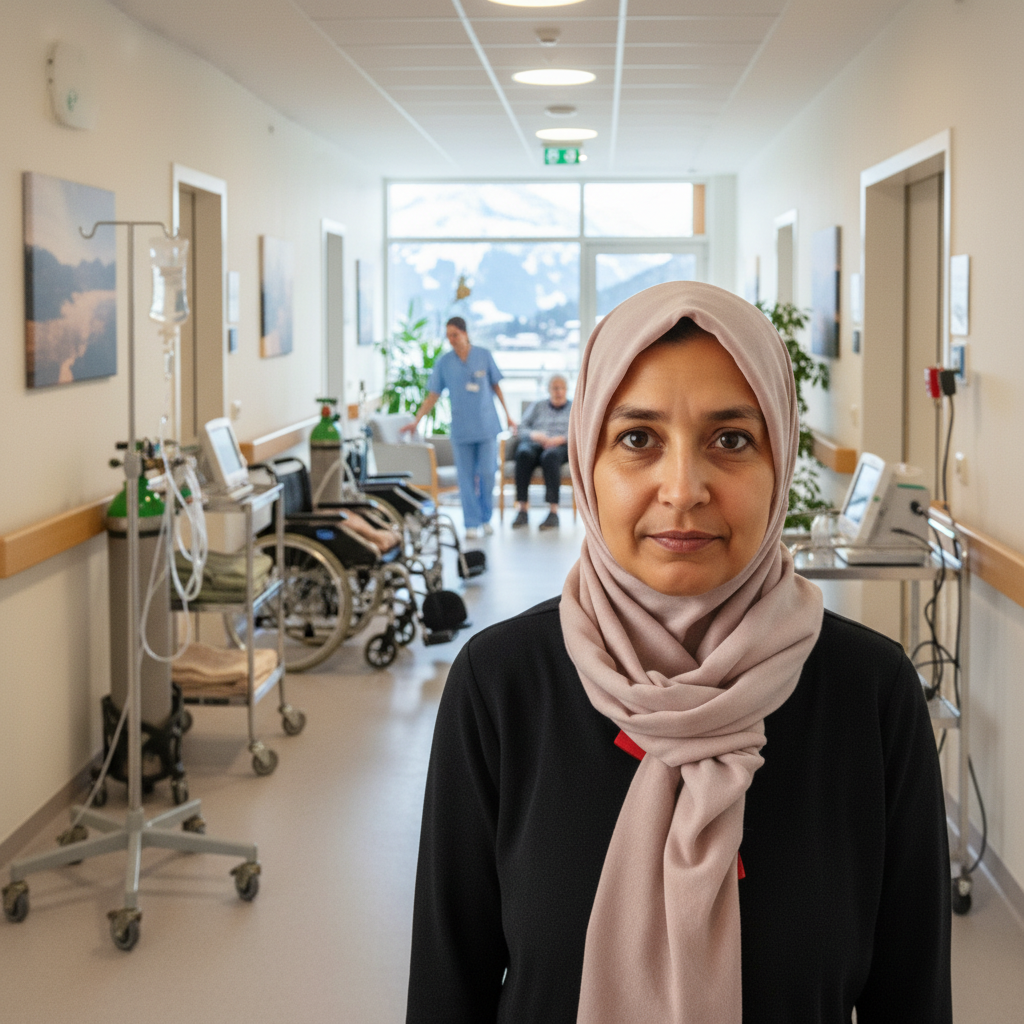 Frau mit rosafarbenem Kopftuch in einem Pflegeheim, im Hintergrund eine Pflegekraft und eine ältere Person im Rollstuhl.
