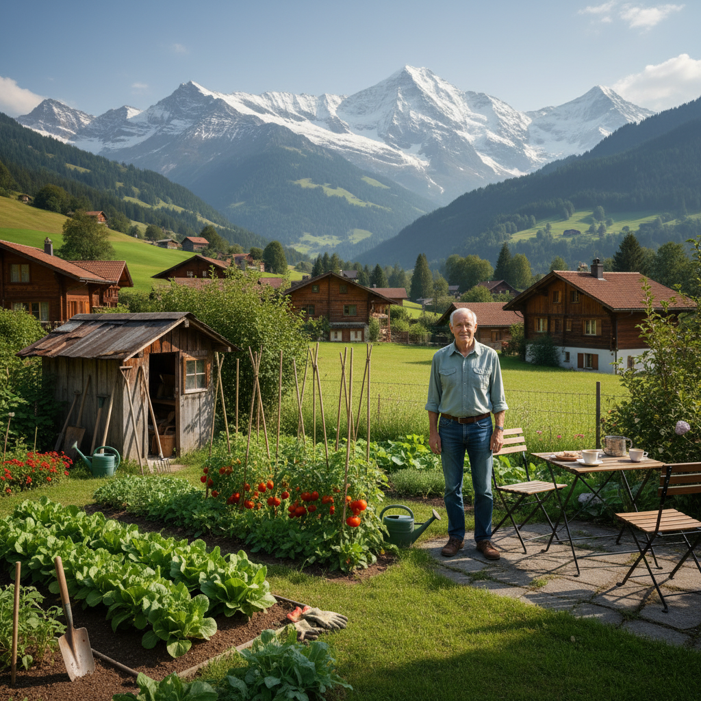 Älterer Mann mit grauem Haar und Hemd steht vor einem hölzernen Schweizer Chalet mit Garten und grünem Bergpanorama.