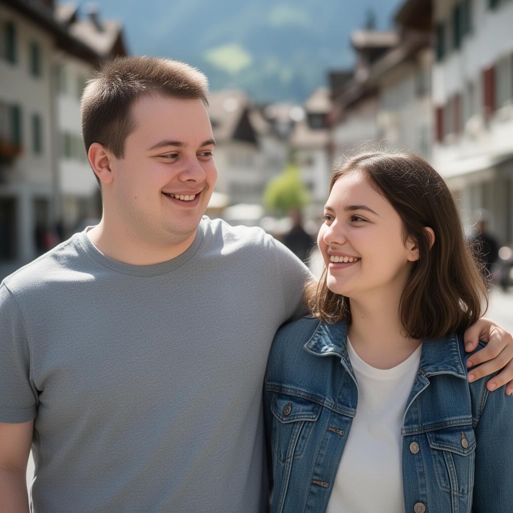 Junger Mann und junge Frau lachen gemeinsam Arm in Arm auf einer sonnigen Strasse in einem Schweizer Dorf mit Berg im Hintergrund.