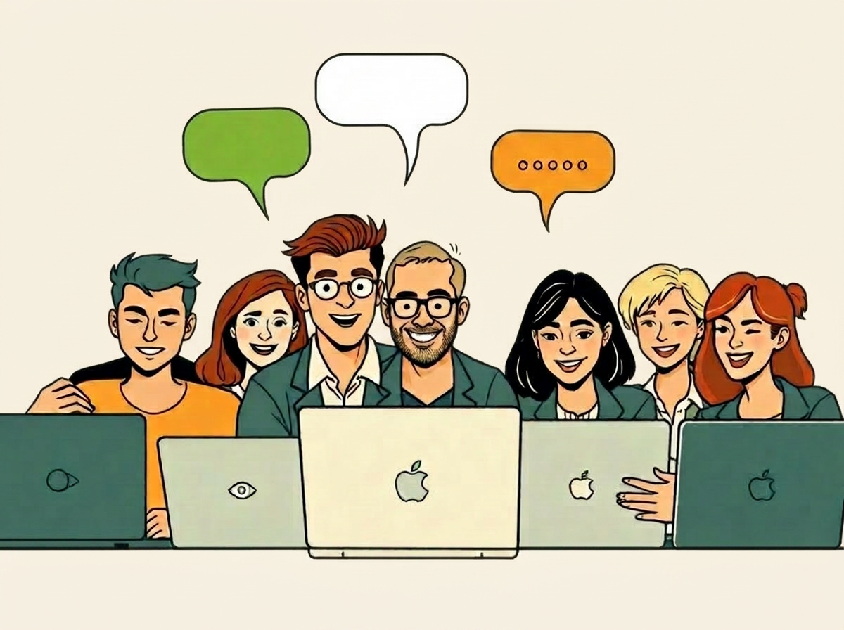 Comic-Bild: Eine vielfältige Gruppe von Personen aus Web- und App-Teams sitzt motiviert vor Laptops. Über ihnen schweben Sprechblasen mit Symbolen für Barrierefreiheit – Auge, Ohr, Hand. Sie wollen ihre digitalen Angebote für alle zugänglich machen, wissen aber noch nicht genau wie.