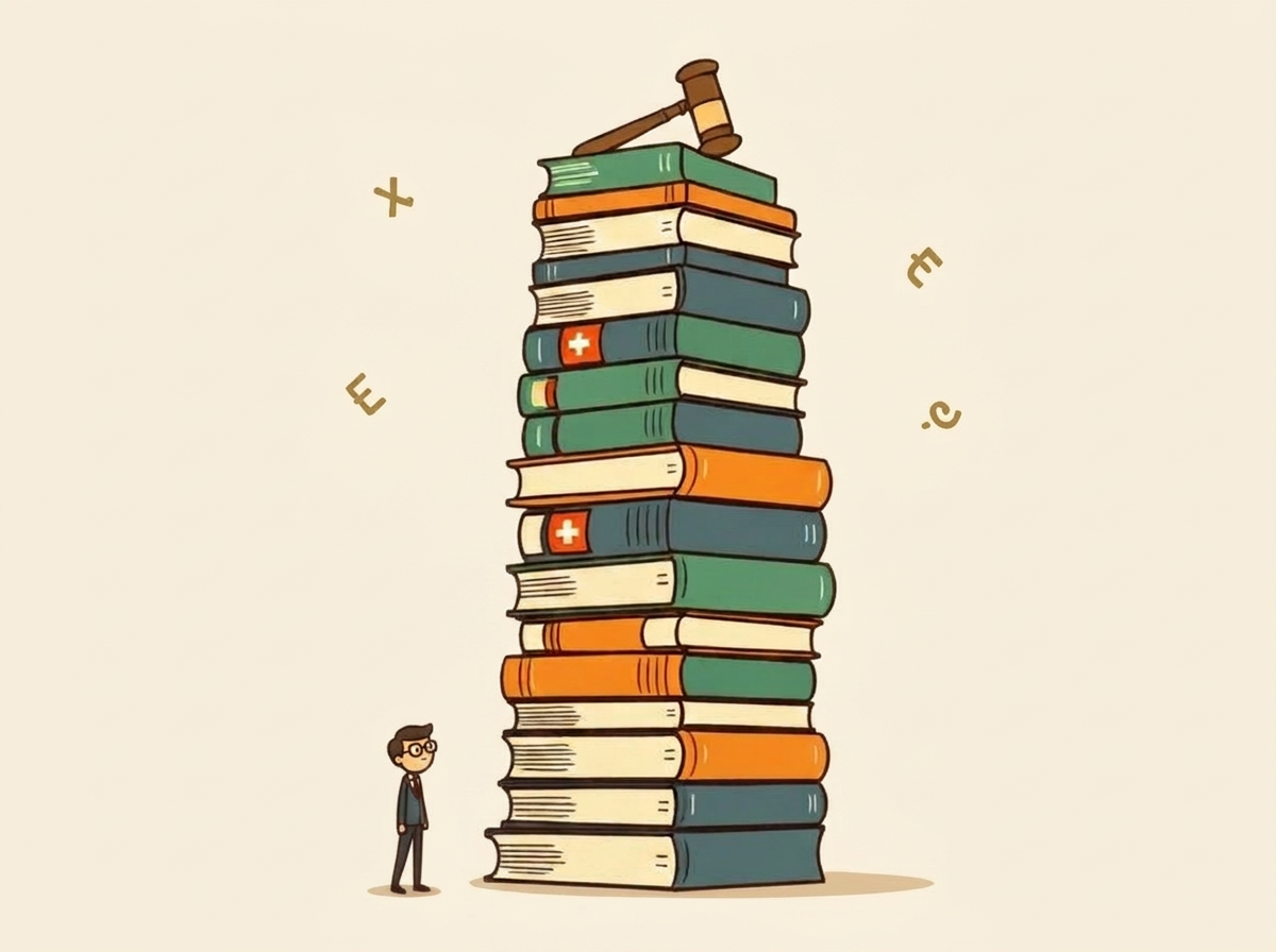 Comic-Bild: Ein riesiger Stapel Gesetzesbücher und Akten mit Schweizer- und EU-Andeutungen ragt in die Höhe. Oben thront ein Richterhammer, Paragraph-Zeichen schweben in der Luft. Am Boden steht eine kleine Person und blickt etwas verloren nach oben.