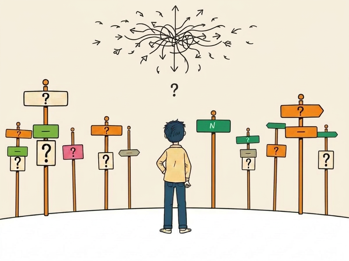 Comic-Bild: Eine Person steht an einer Kreuzung mit unzähligen Wegweisern, die in alle Richtungen zeigen. Über ihrem Kopf wirbelt ein Knäuel aus Pfeilen und Fragezeichen. Sie weiß nicht, welchem Schild sie folgen soll.