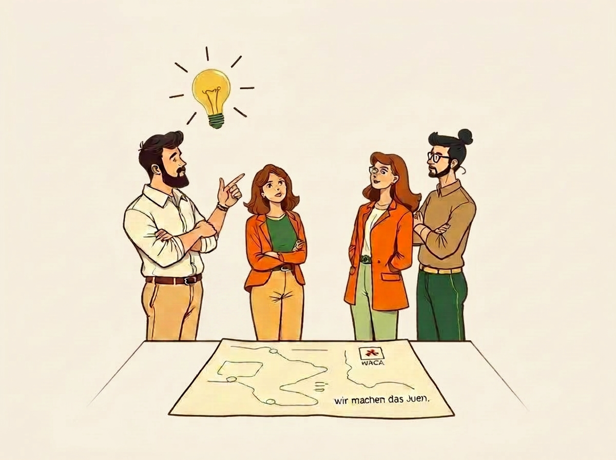Comic-Bild: Ein kleines, vielfältiges Team steht entschlossen zusammen. Eine Person zeigt nach vorn, über der Gruppe leuchtet eine Glühbirne. Auf einem Tisch liegt eine einfache Landkarte mit Route – im Hintergrund deutet sich ein WACA®-Zeichen mit Schweizer-Kreuz-Häkchen an.
