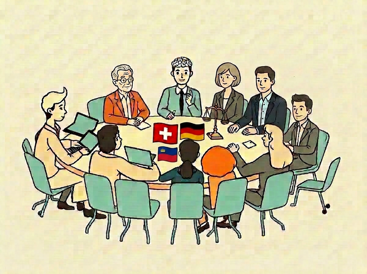 Comic-Bild: An einem runden Tisch versammelt sich ein vielfältiges Team aus Fachleuten – mit Laptop (Softwareentwicklung), Diagramm (Wirtschaft), Gehirn-Symbol (Psychologie), Waage (Recht), Farbpalette (Design) und Notizblock (Text). Auf dem Tisch ist ein Schweizerkreuz zu sehen, rechts im Bild eine kleine deutsche Flagge, die den fachlichen Austausch mit Deutschland symbolisiert.