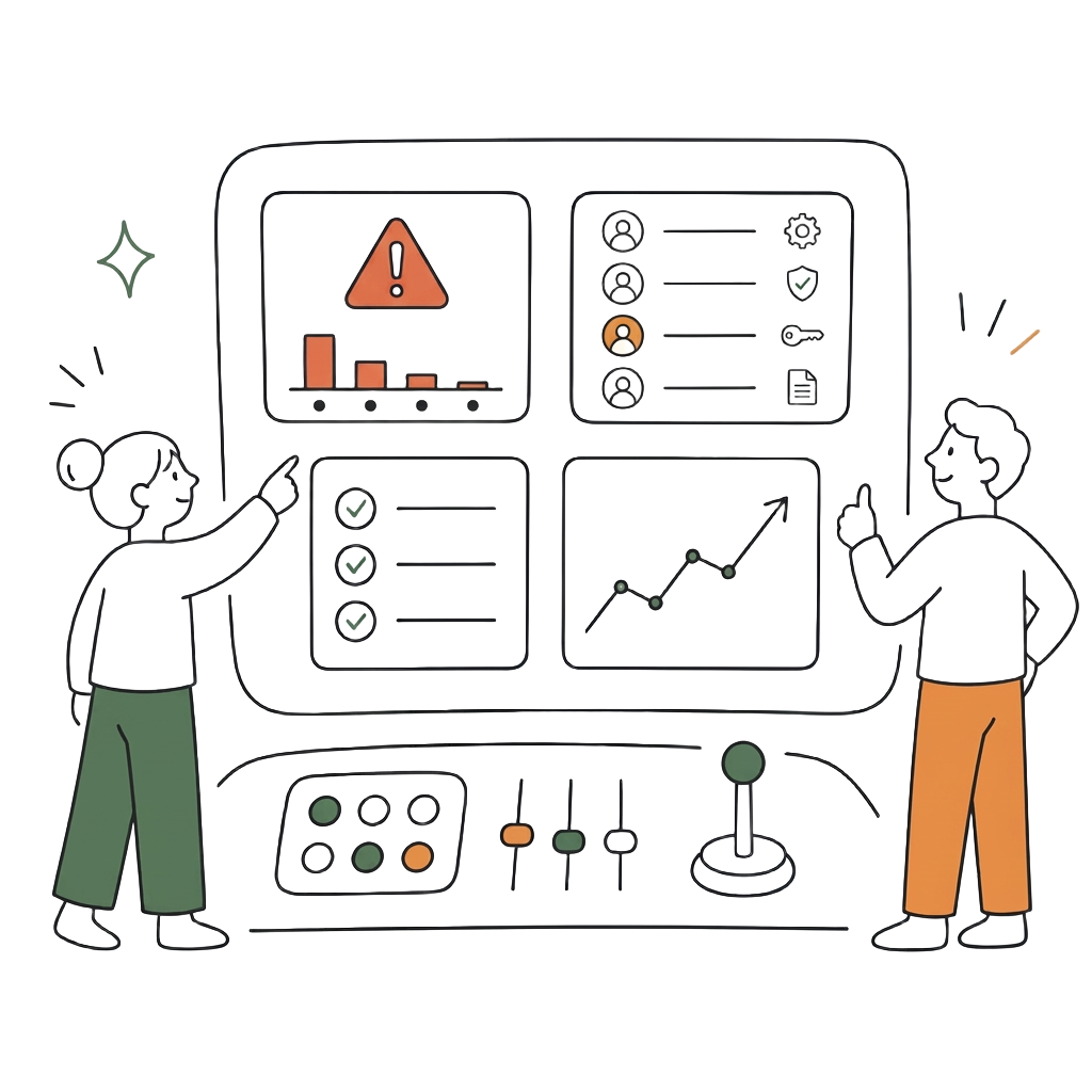 Vereinfachte Illustration eines Accessibility-Cockpits: Dashboard mit Diagrammen, Tacho, Checkliste und zwei Personen, die damit arbeiten.